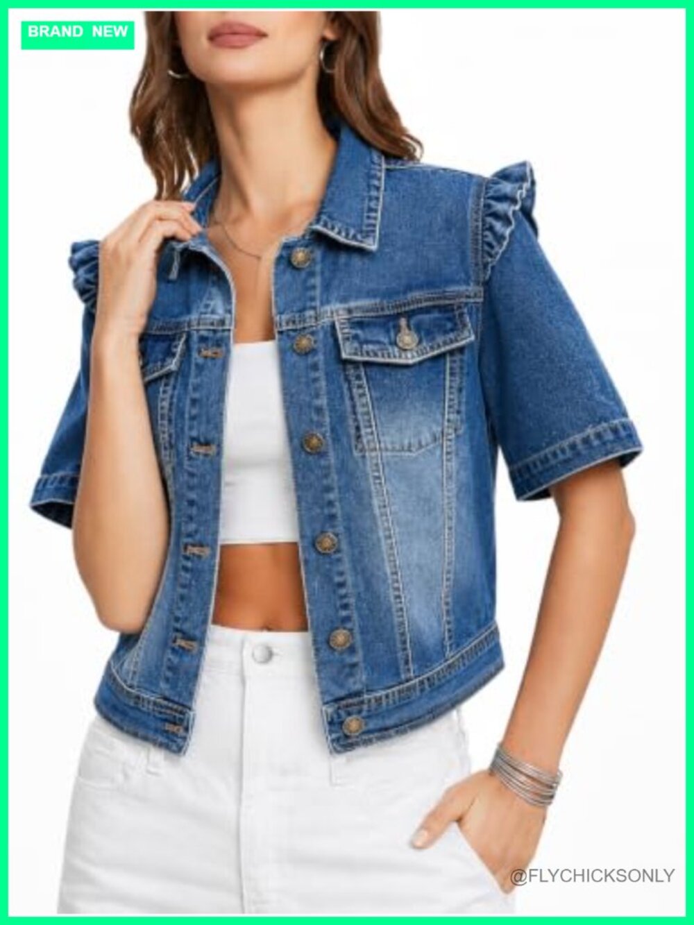 Womens Cropped Denim Jacket Short Sleeve Ruffle Hem Button Down Stretch